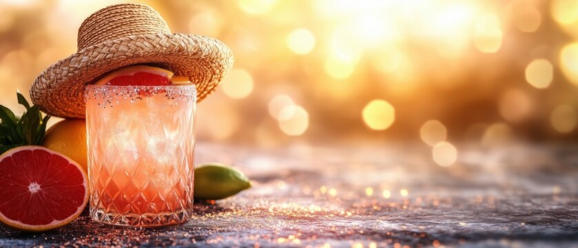 Refreshing tequila sunrise cocktail with citrus fruits and sombrero on sparkling background. Festive Mexican horizontal banner with copy space for party or bar promotion - Powered by Adobe