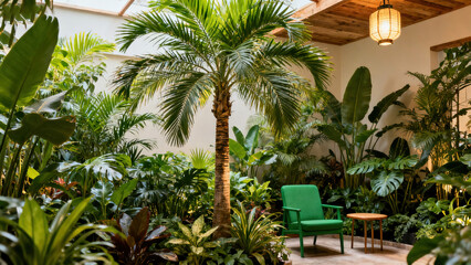 Lush Indoor Tropical Garden with Chair