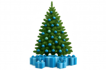Christmas tree decorated with blue ornaments and gifts, celebrating winter holidays, transparent background