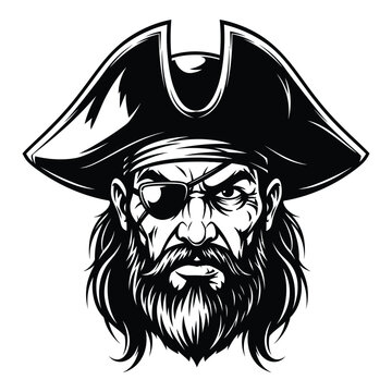 Fierce pirate captain head with eyepatch and tricorne hat detailed sketch