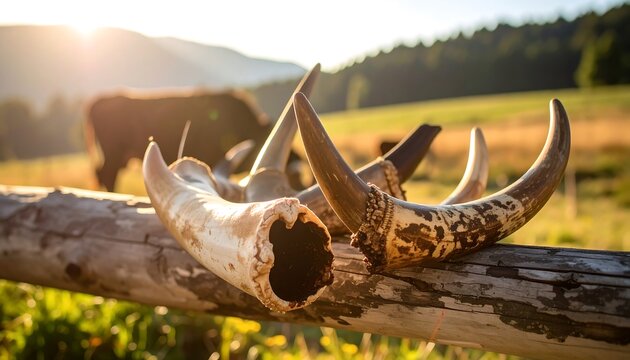 Rustic animal horns on a wooden fence at sunrise