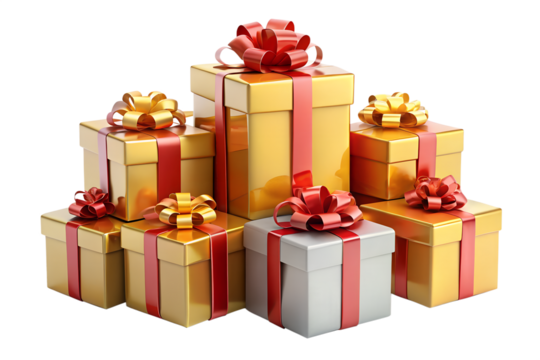 Gift boxes with the red ribbons for Christmas isolated on the transparent background