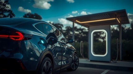 Electric Vehicle Charging at Futuristic Station During Dusk Clean Energy Transportation Concept