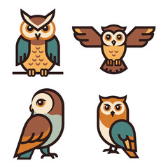 Four adorable cartoon owl characters in different poses collection for wildlife and fantasy projects