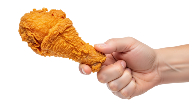 Hand holding a fried chicken drumstick