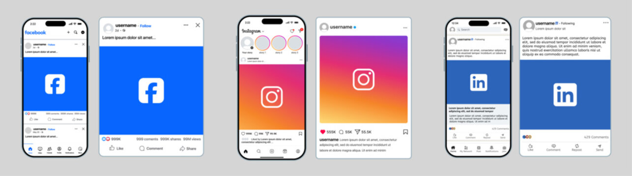 Instagram Facebook LinkedIn UI mockup with feed posts profile stories messages and professional social media interface design