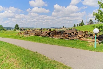  Minsk region, Belarus, July 12, 2025. Rusty wreckage of old military equipment on the Stalin Line.                              