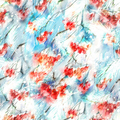Watercolor viburnum, rowan and elder branches seamless pattern, hand painted.Watercolor Branch, bunch of  berries of mountain ash.scarf,fabric, material.Abstract art background for beautiful design