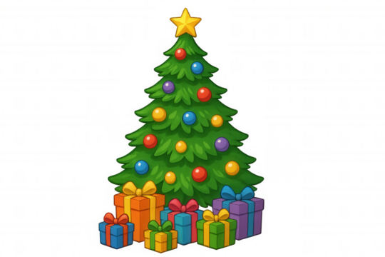 Christmas tree decorating with star, colorful ornaments, and many holiday gifts, cartoon illustration on transparent background - Powered by Adobe
