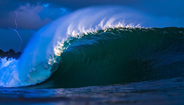 Powerful ocean wave at night with lightning