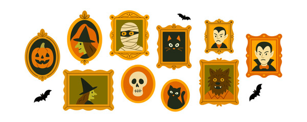 Halloween portrait frames with witch pumpkin black cat dracula mummy skull ghost and bat. Spooky characters in vintage gothic style. Illustration with creepy horror festive decoration