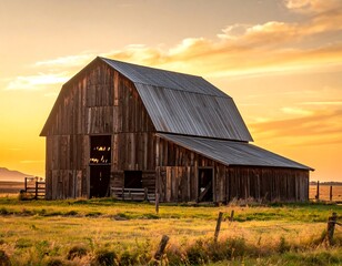 Obraz premium Rustic barn at golden sunset over a field