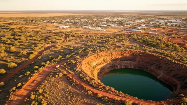 Aerial View Of Big Hole Mine Kimberly South Africa Surrounded By Red Earth And Sparse Green Vegetation Against A Cityscape At Golden Hour