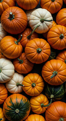 Overhead view of small to medium pumpkins in warm autumn colors.