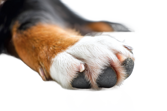 Close-up of tricolor dog paw on reflective surface, isolated on white transparent background