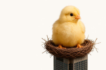 A small chicken sits in a nest on the roof of a skyscraper. Space for text.