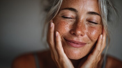 Smiling woman with freckles enjoying a peaceful moment