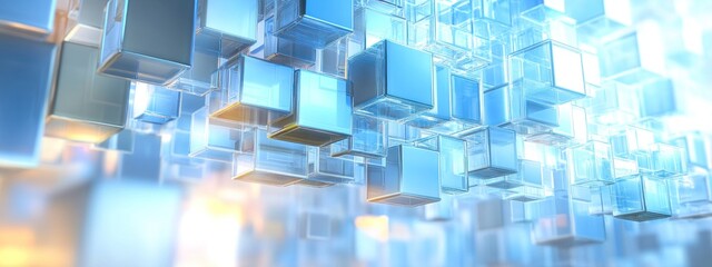 Contemporary design with floating transparent cubes in blue tones and warm highlights