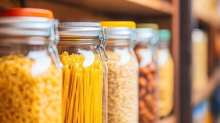 Display of various pasta and grains in jars on a wooden shelf in a kitchen setting