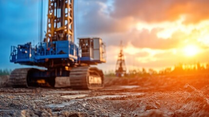 Construction equipment drills into the ground at sunset in a rural area