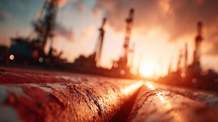 Sunset illuminates industrial oil rigs and pipes in a coastal location