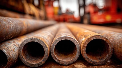 Rusty metal pipes stacked at a construction site during overcast weather