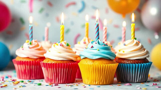 Colorful birthday cupcakes with lit candles on a table in a decorated room. A bright treat, a sweet dessert for friends and guests. Children's birthday party at home