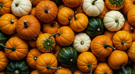 Close-up of colorful pumpkins and gourds in a textured autumn display.