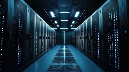 Futuristic data center hallway with illuminated server racks and advanced IT infrastructure, ideal for cloud computing, AI systems, cybersecurity, and enterprise digital technology