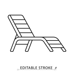 A lounge chair icon in minimalist style with editable stroke. Outdoor furniture, poolside seat, garden relax, patio decor, summer element, beach chair, comfort seat, leisure design.