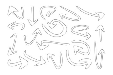 Set of hand-drawn curved arrows in doodle sketch style. Directional pointer icons for infographic and presentation design, vector illustration
