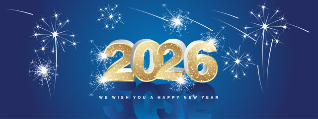 We wish you Happy New Year 2026. New modern 3d concept design. Golden luminous glittering gold white silver 3D 2026 with 2025 in shadows and stars sparkling fireworks on blue background