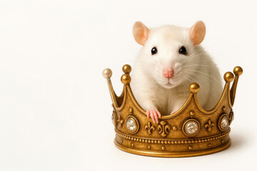 A white rat is sitting in a golden crown. Space for text.