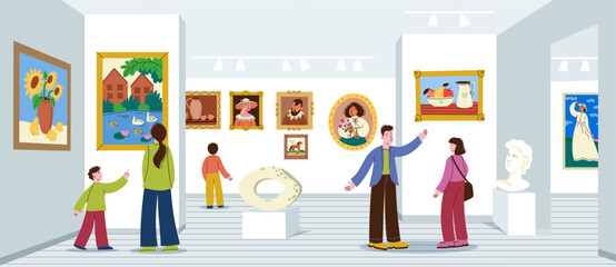 Tourists and families observing paintings and sculptures in a modern art gallery discussing styles and meanings, learning about artistic expression and enjoying culture