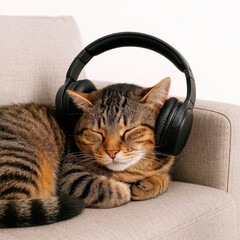 A cat in headphones sleeps on the sofa.