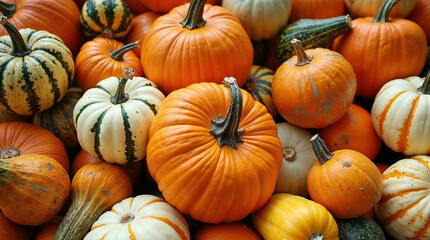 Close-up of colorful pumpkins and gourds in a textured autumn display.