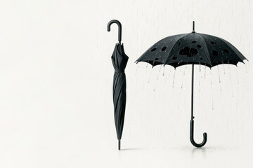 A folded and damaged black umbrella in the rain. Space for text.