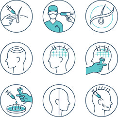 Hair Restoration and Treatment Vector Line Icons Set: Medical Professionals, Syringes, and Hair Follicle Procedures