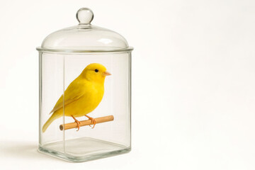 Yellow canary in a glass jar. Space for text.