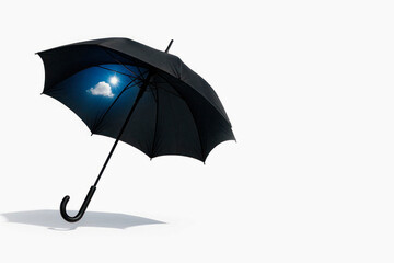 A black umbrella with a sky and a cloud inside. Space for text.
