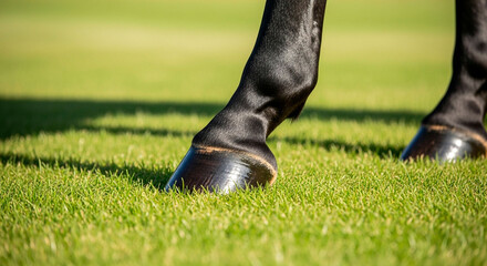 Close-Up of a Polished Horse Hoof Galloping on a Low-Cut Grass Field