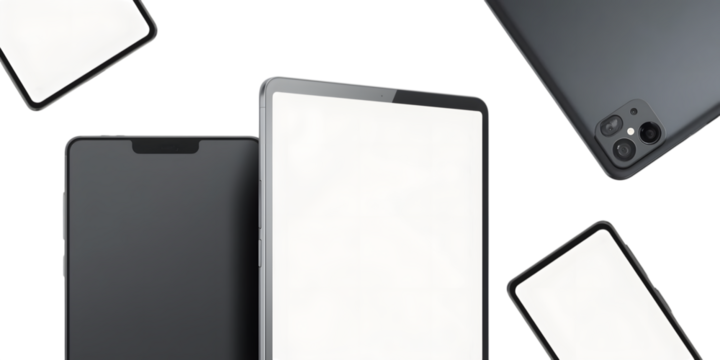 Tablet Device Cluster: A modern assortment of sleek tablet devices, arranged in an aesthetic display, showcasing their cutting-edge design and functionality, offering a contemporary tech perspective.