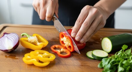 Fresh vegetable preparation for healthy cooking featuring bell peppers and zucchini