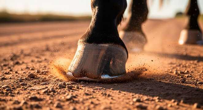 Close-Up of a Horse Hoof Galloping on a Dirt Road