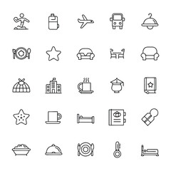 Collection of thin line icons representing travel and hospitality services