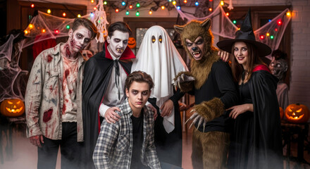 Group of teens in horror costumes posing indoors on Halloween night
