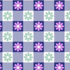 Colorful gingham check seamless pattern design with cute daisy flower