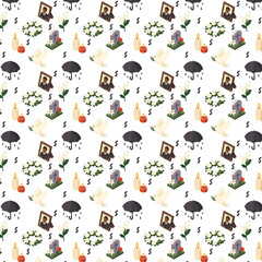 The image is a seamless funeral-themed pattern featuring icons such as candles, doves, tombstones, wreaths, black ribbons, flowers, umbrellas, and memorial portraits on a white background.