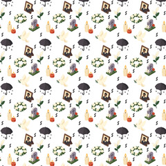 The image is a seamless funeral-themed pattern featuring icons such as candles, doves, tombstones, wreaths, black ribbons, flowers, umbrellas, and memorial portraits on a white background.