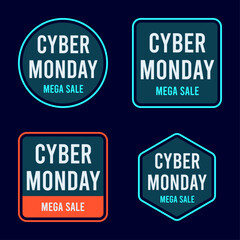 Four distinct cyber monday mega sale badges and labels with varying shapes and colors for online shopping promotions